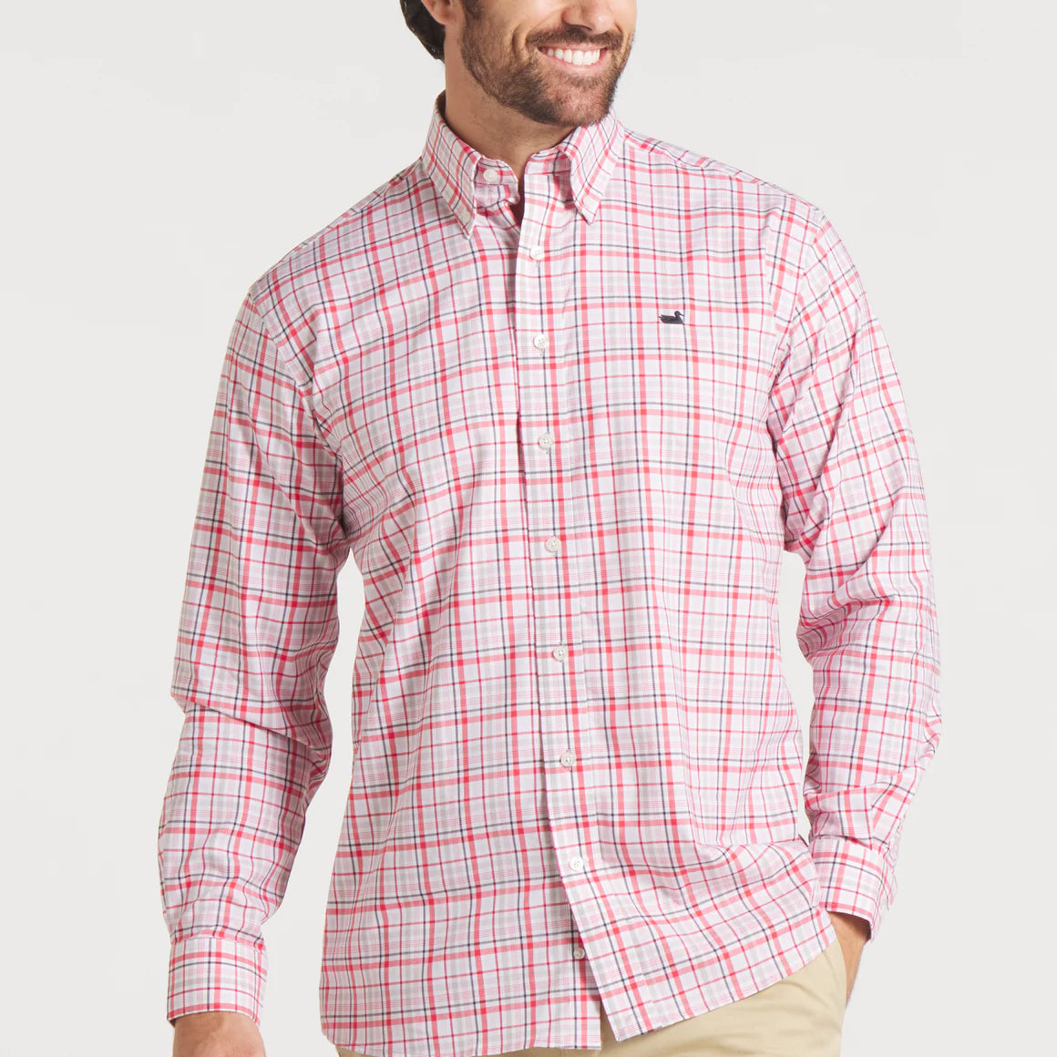 Van Buren Performance Grid Dress Shirt in Crimson & Light Gray by Southern Marsh