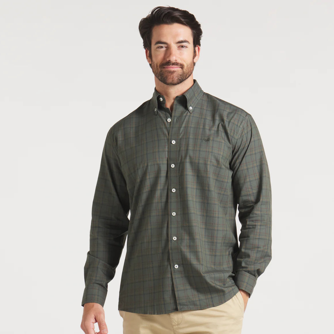 Chatham Lines Performance Dress Shirt in Dark Olive & Navy by Southern Marsh