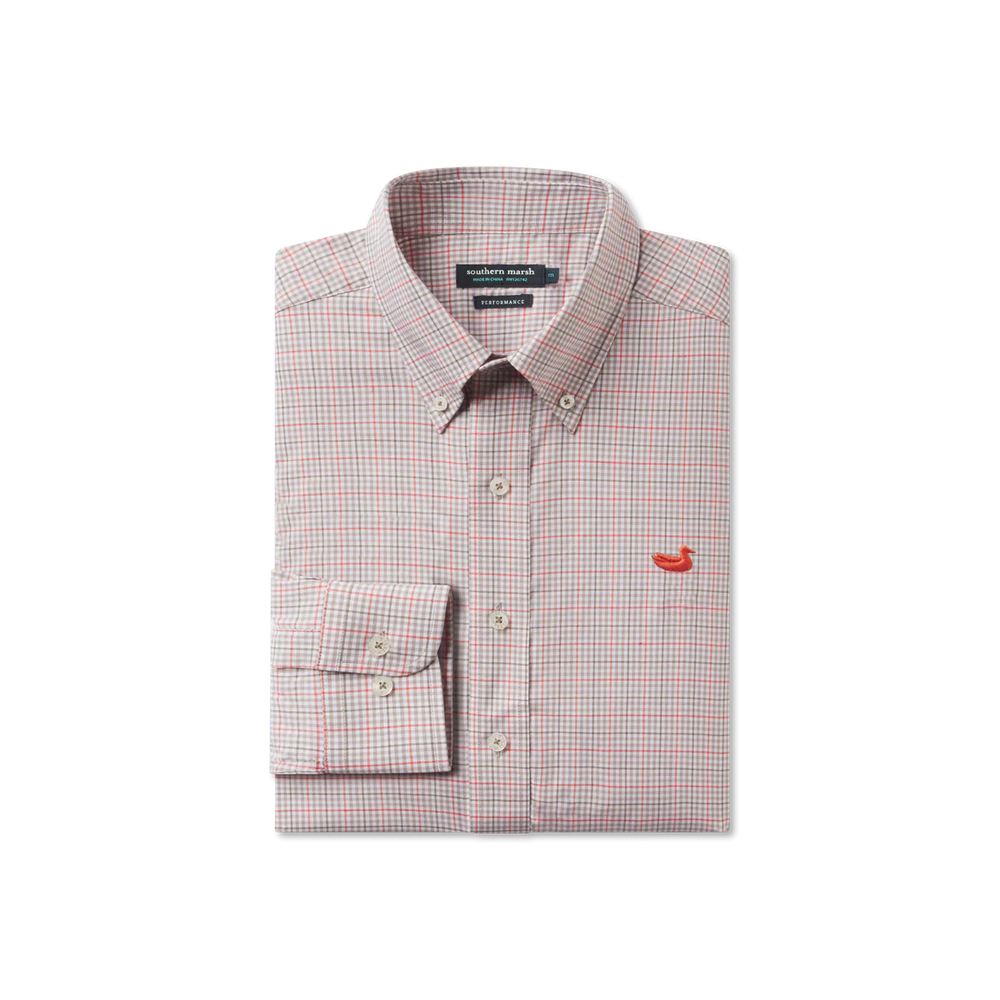 Dyer Performance Gingham Dress Shirt in Burnt Taupe and Dark Olive