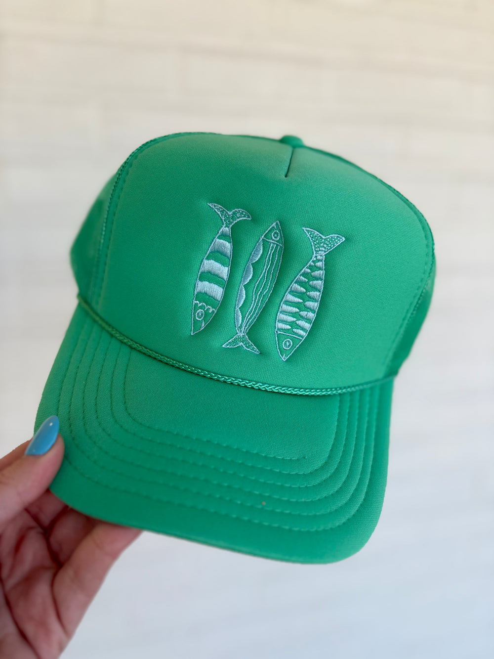 Cactus Green Trucker Hat with Light Blue Sardines light green sage green costal cowgirl aesthetic fishing rope hat womens