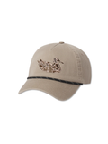 Burnt Taupe hat with camo duck and rope along the front 