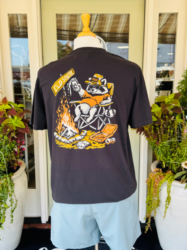 raccoon at fire black pocket tee