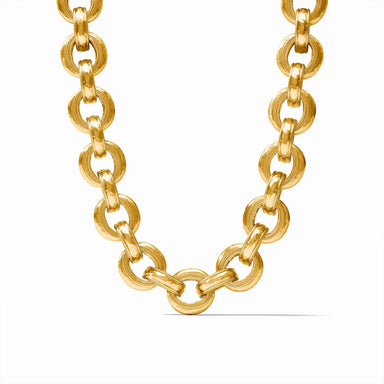 An elegant necklace of lightly hammered golden links featuring a splendid pierced design on the inside and finished with a toggle.