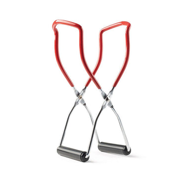 Two red-handled eyelash curlers on a white background