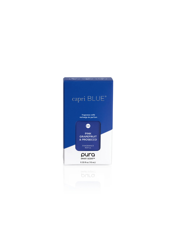 blue and white box with pura refill of grapefruit and prosecco
