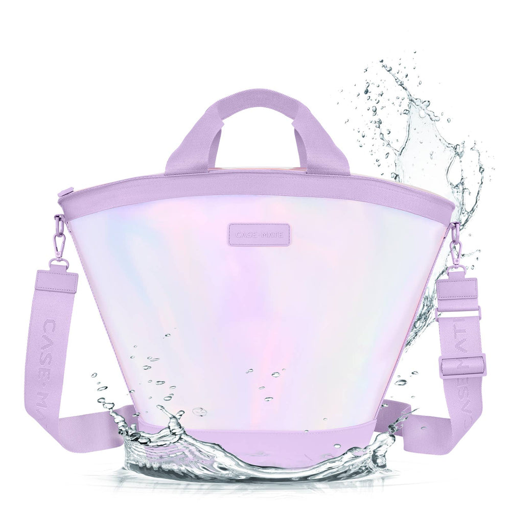 Collapsible purple water filter with water splashes on a white background