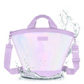 Collapsible purple water filter with water splashes on a white background