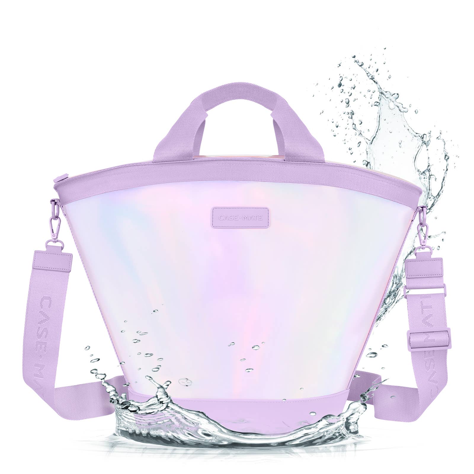 Collapsible purple water filter with water splashes on a white background