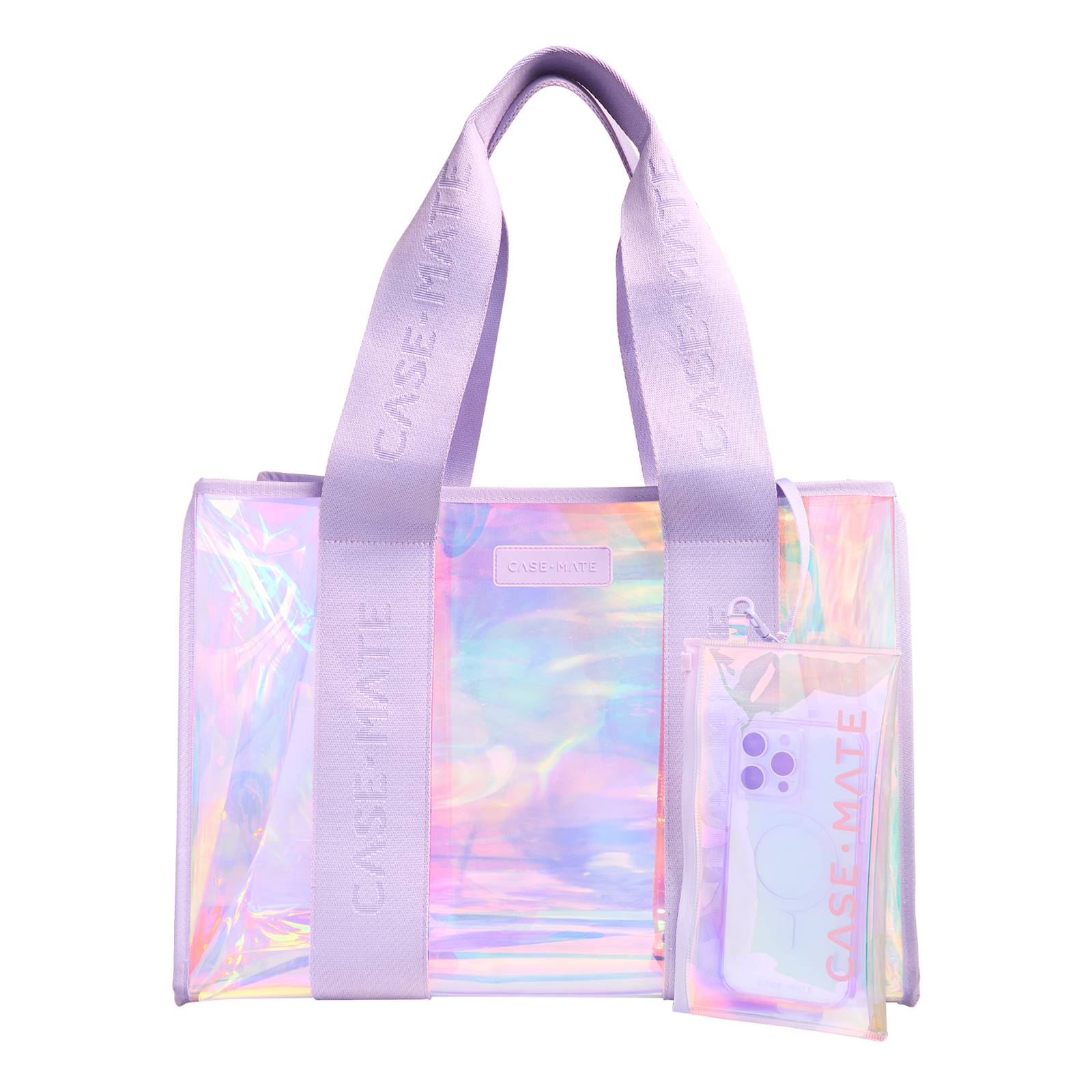 Holographic tote bag with 'Case-Mate' branding on a white background