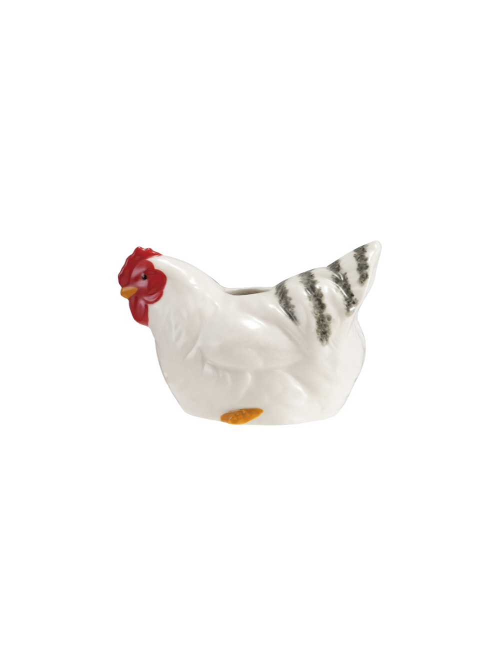 White ceramic hen vase with red comb and black feather accents