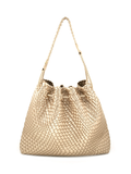 Beige woven handbag on a white background