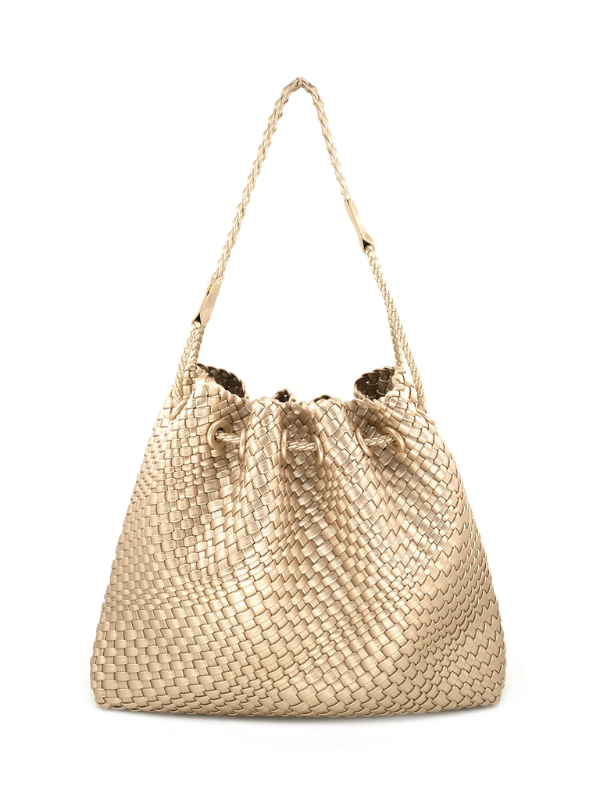 Beige woven handbag on a white background