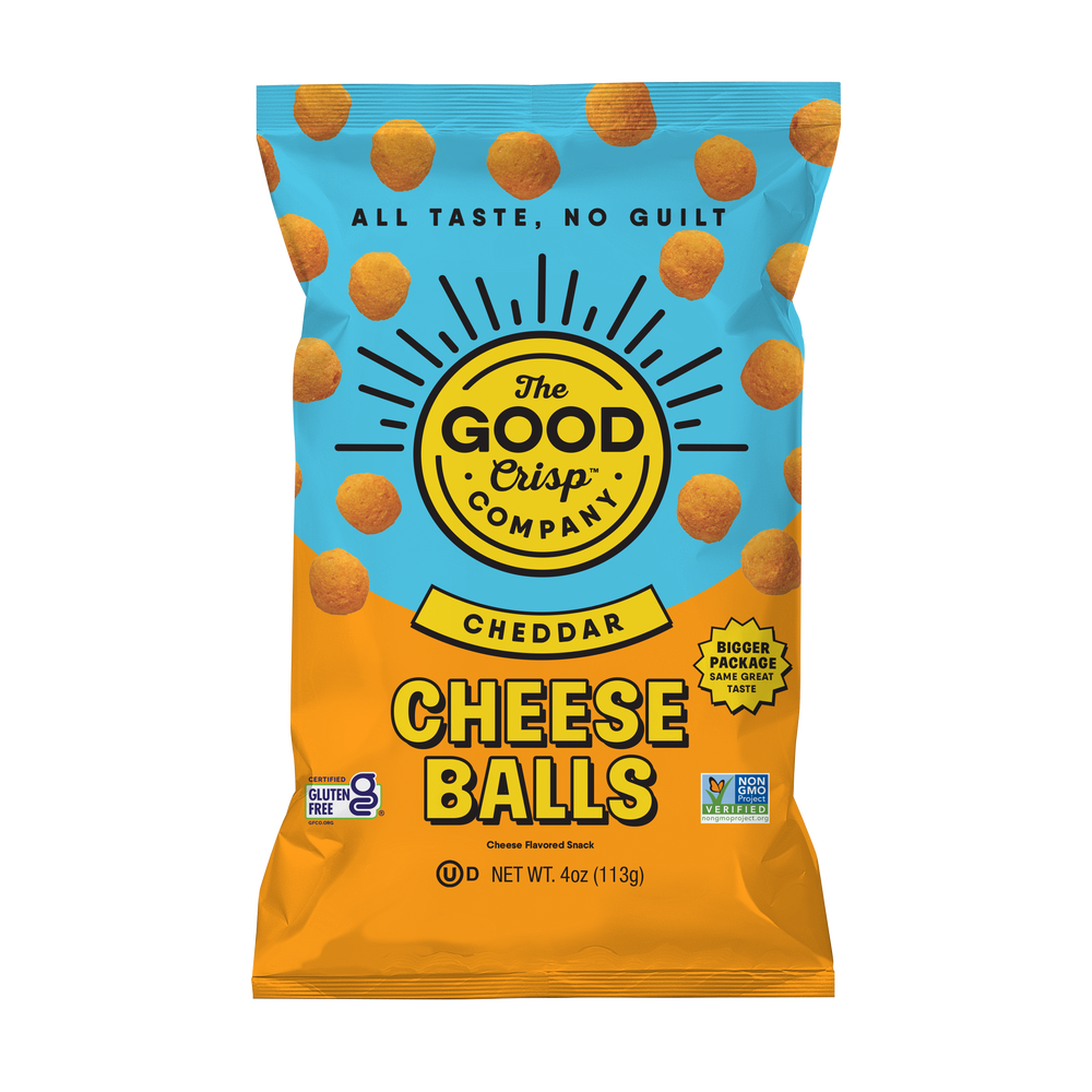 Packaging of The Good Crisp Company Cheddar Cheese Balls on a white background