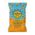 Packaging of The Good Crisp Company Cheddar Cheese Balls on a white background