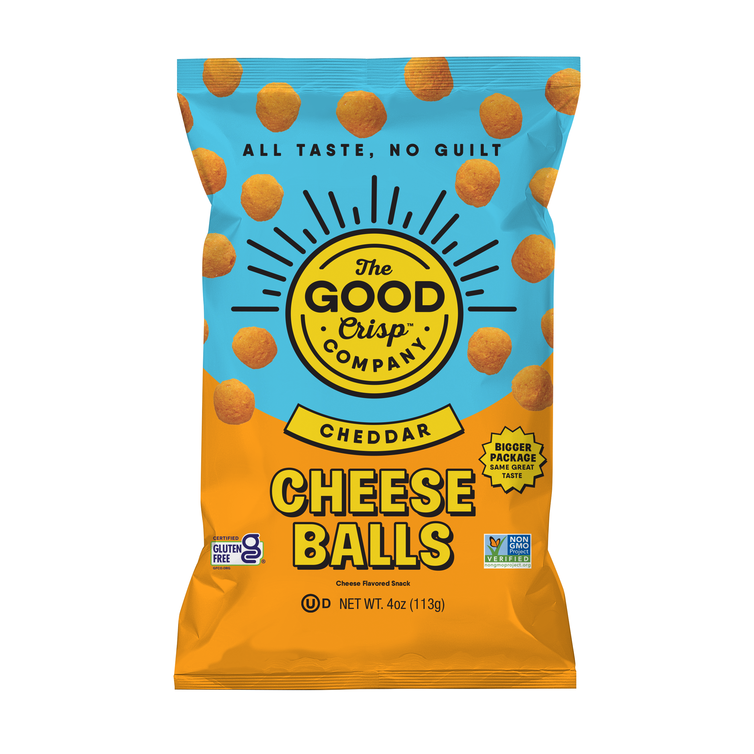 Packaging of The Good Crisp Company Cheddar Cheese Balls on a white background
