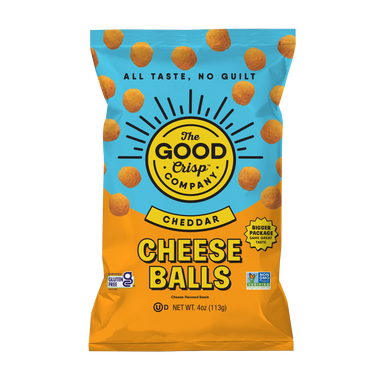 Packaging of The Good Crisp Company Cheddar Cheese Balls on a white background
