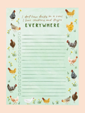 Farmhouse-style notepad with chicken illustrations and the phrase “I don’t have ducks in a row, I have chickens and they’re everywhere,” featuring checklist lines for tasks.