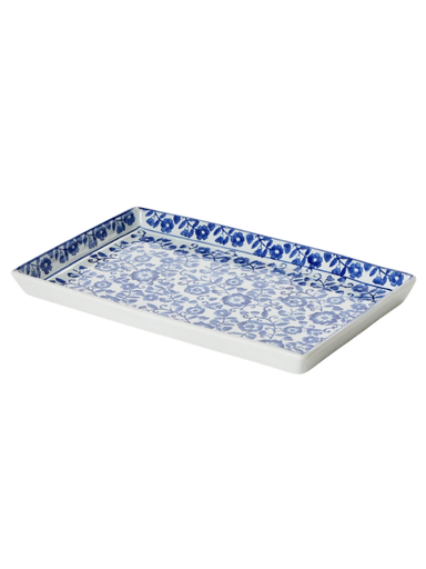 Chinoiserie Hand-Painted Blue and White Floral Tray 
