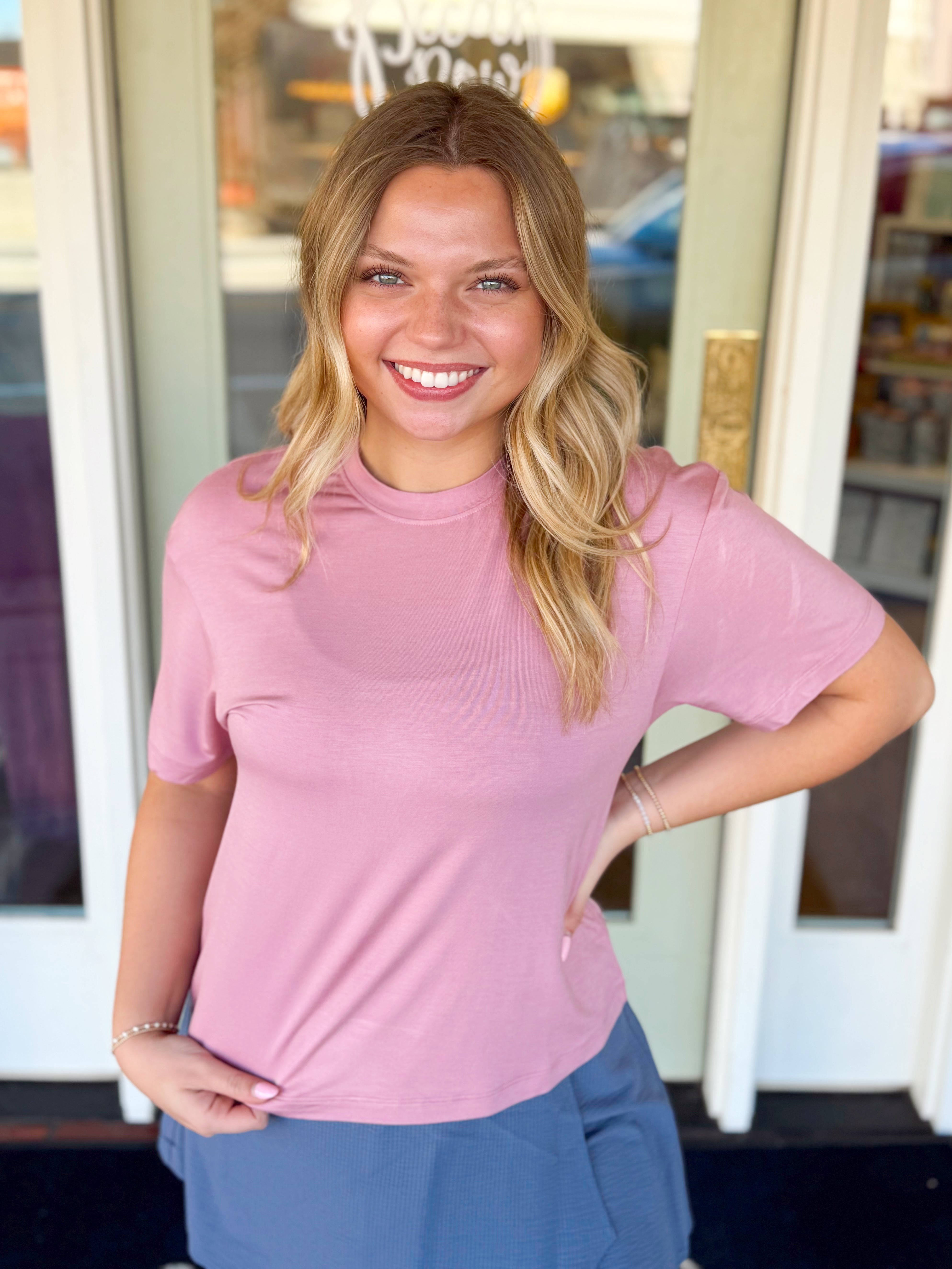 Pink plum athletic performance Chloe tee by southern marsh for play and lounge 