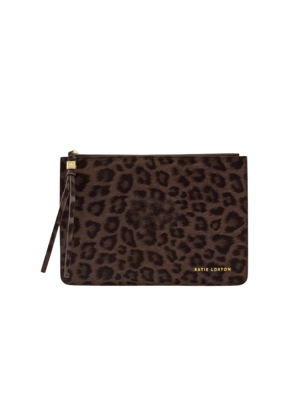 Large Chocolate Leopard Tassel Charm Patent Crackle Pouch By Katie Loxton