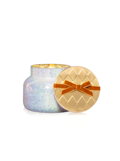 frosted candle with gold lid and  orange velvet box cinnamon candle 