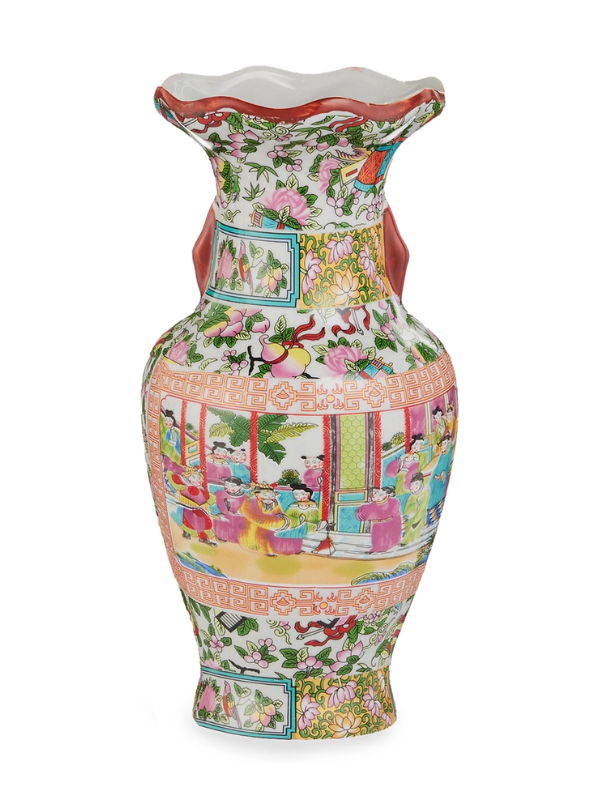 Decorative vase with colorful floral ans design on a white background