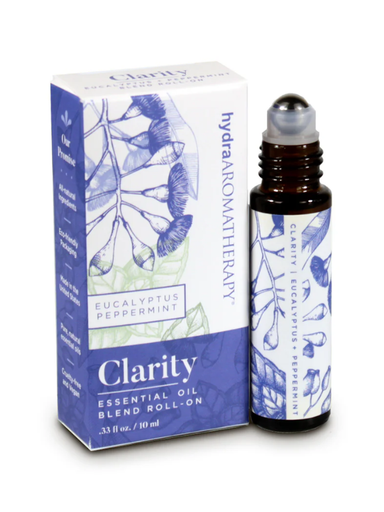Essential oil roll-on bottle with packaging labeled 'Clarity' on a white background