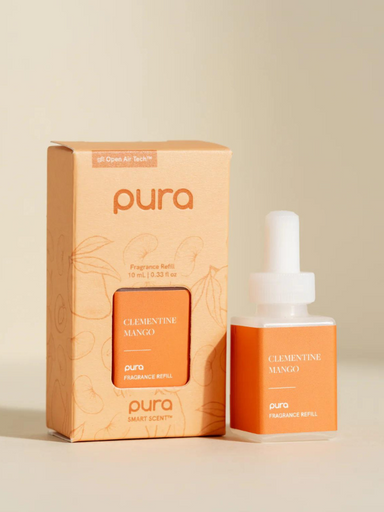 Pura scent with notes of orange, clementine, mango, pineapple, stone fruits, praline, vanilla, and musk