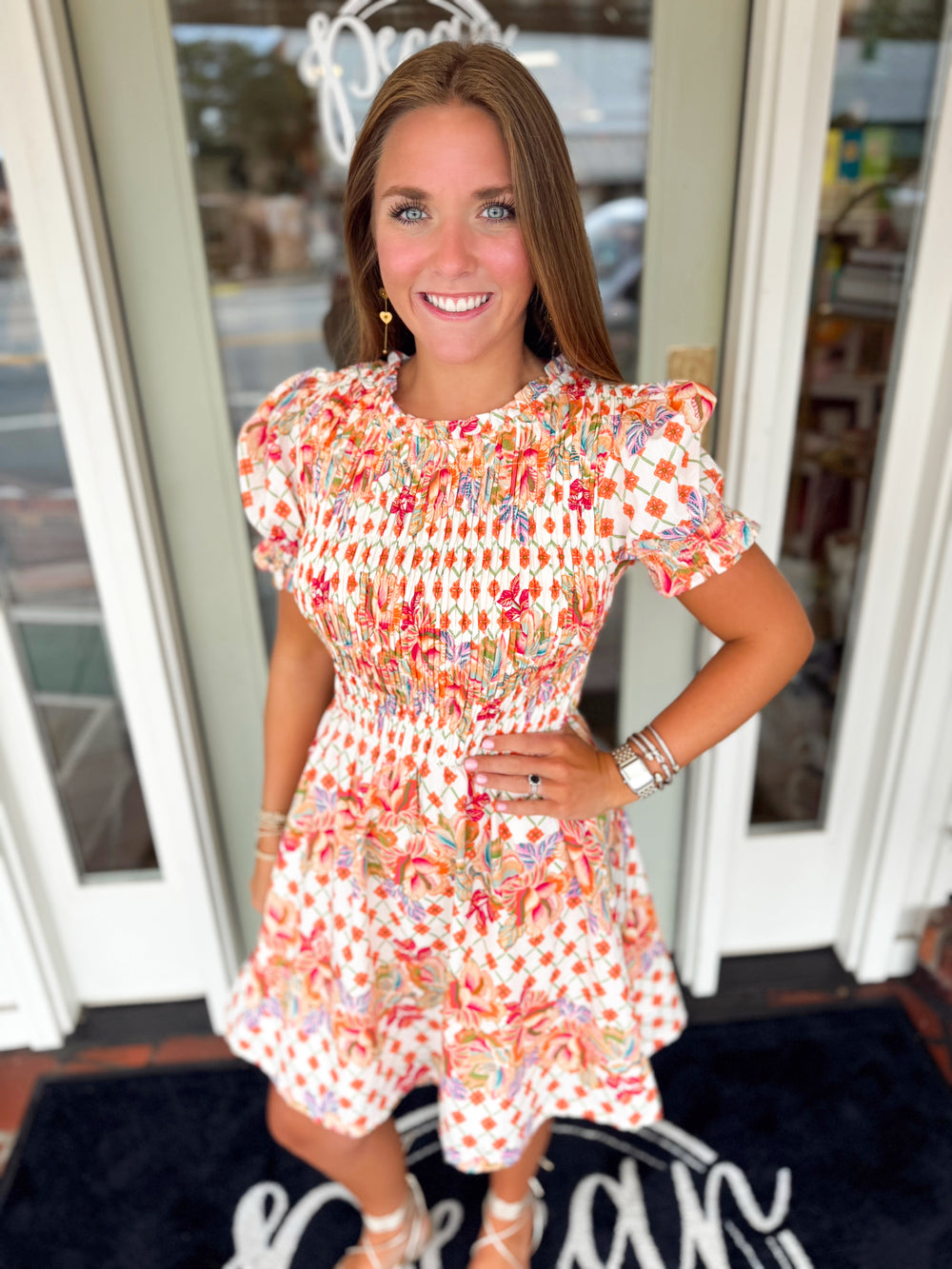 Colorful dress with smocking detailing