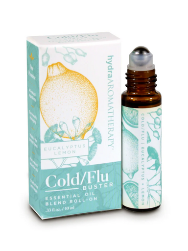 Essential oil roll-on bottle with packaging labeled 'Cold/Flu Buster' on a white background
