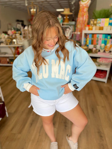 Light Blue Lulu Mac sweatshirt with white trim and Lulu Mac in white across the chest