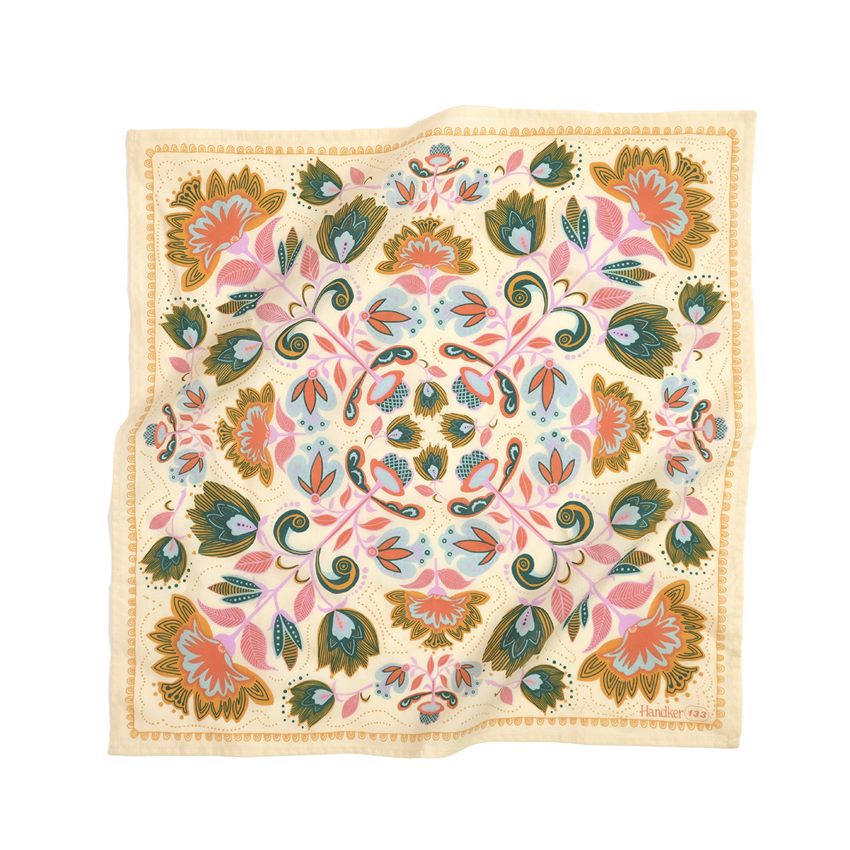 A cream-colored bandana with a floral pattern featuring teal, turquoise, orchid purple, canary yellow, and orange accents.
