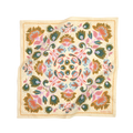 A cream-colored bandana with a floral pattern featuring teal, turquoise, orchid purple, canary yellow, and orange accents.