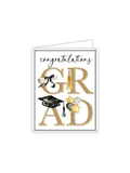 Graduation-themed card with 'Congratulations Grad' text and graduation cap, diploma, and star decorations on a white background.