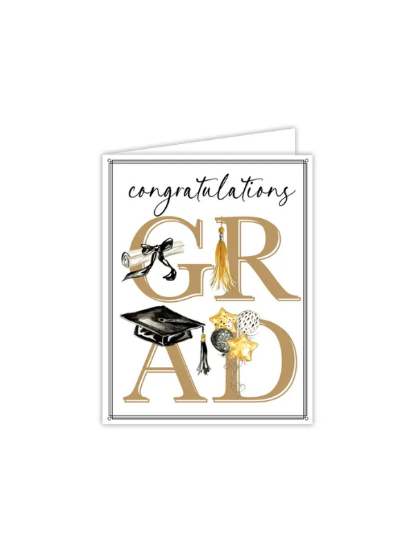 Graduation-themed card with 'Congratulations Grad' text and graduation cap, diploma, and star decorations on a white background.