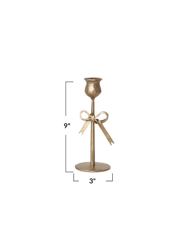 Small Hand-Forged Iron Taper Holders with Bow in Antique Gold Finish