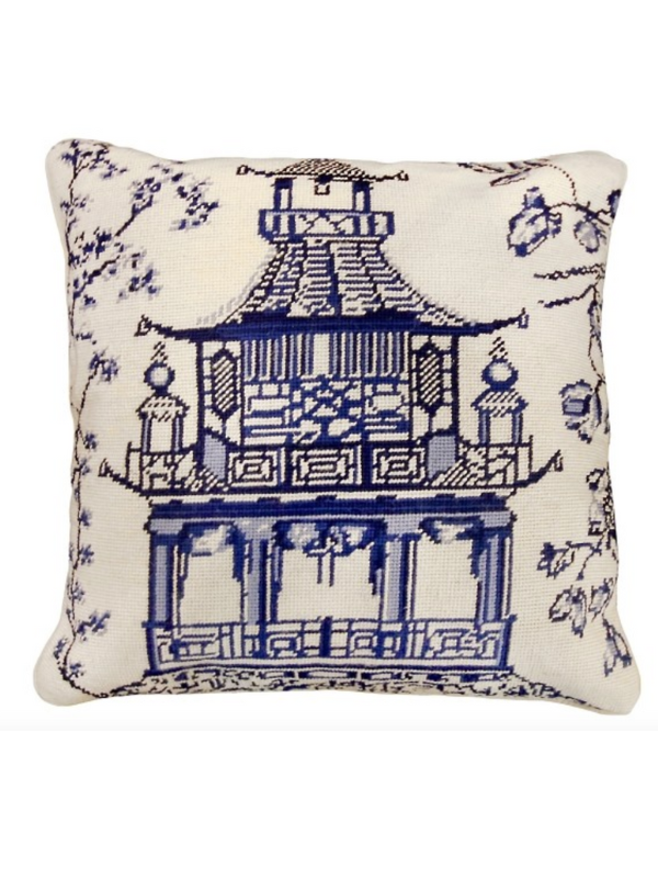 Blue Pagoda Needlepoint Pillow