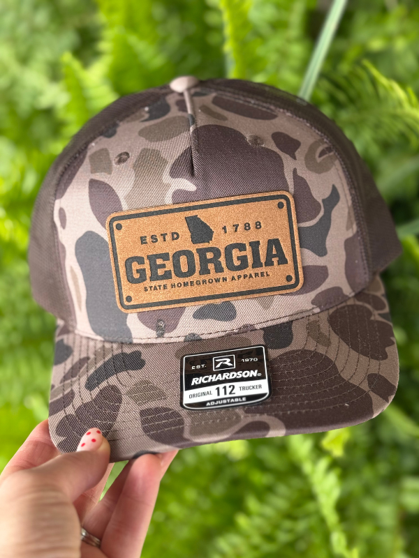 Brown Old School Camo Georgia License Plate Hat by State Homegrown