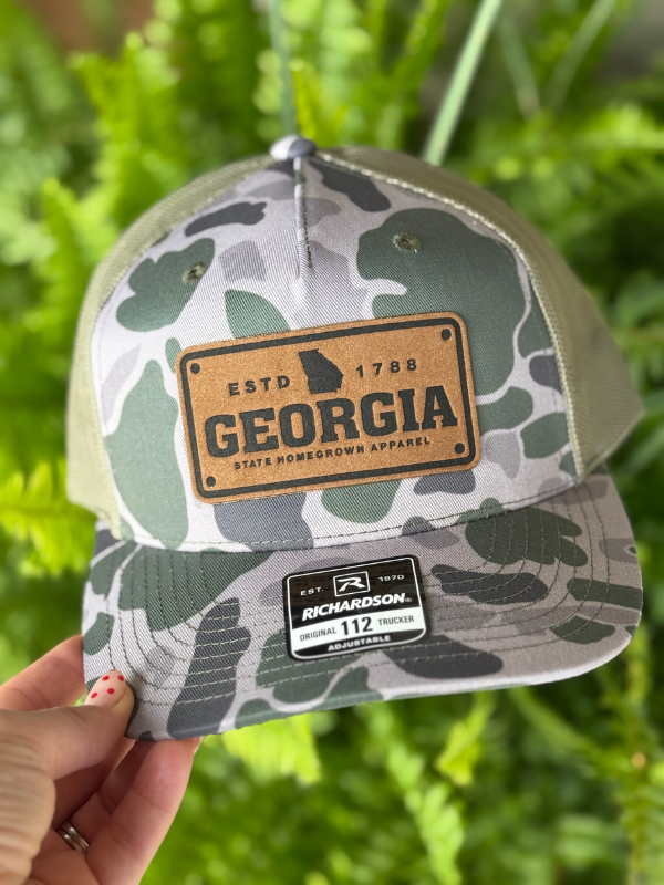 Green Old School Camo Georgia License Plate Hat by State Homegrown