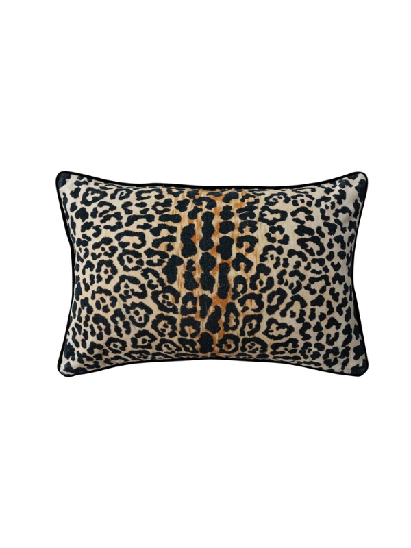 Cotton Velvet Printed Lumbar Pillow with Leopard Print & Piping