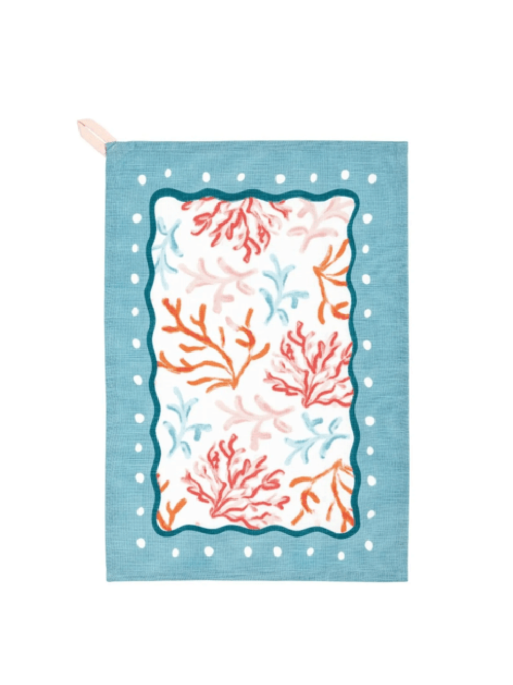 tea towel with coral and blue and white boarder with polka dots