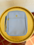 Blue leather bible cover with zipper pocket on front 