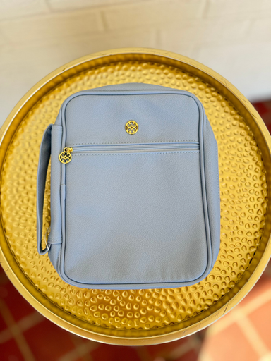 Blue leather bible cover with zipper pocket on front 