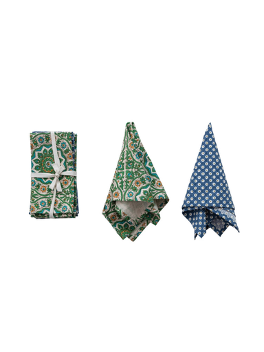 Cotton Napkins with Multi-Color Block Print Patterns blue and green