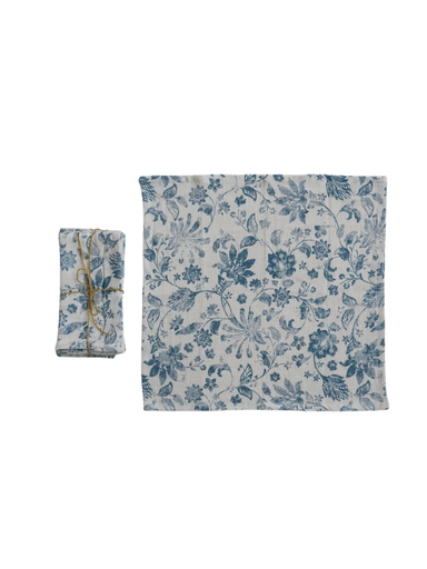 Cotton Slub Printed Napkins with Blue Florals-S/4