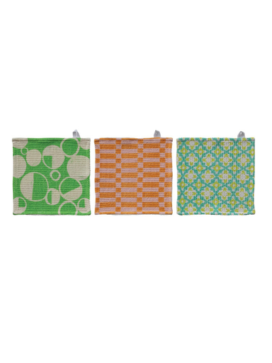 Three square woven kitchen towels with hanging tabs, featuring green, orange, and turquoise geometric patterns on a white background.