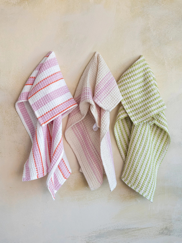 Cotton Waffle Weave Tea Towel with Stripes pink and green