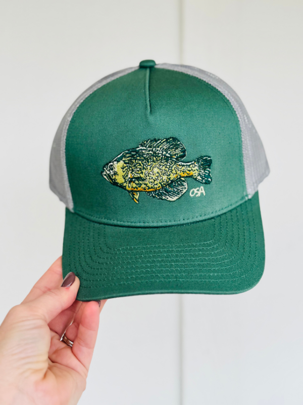 green hat with a crappie fish on front 