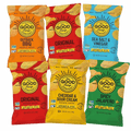 Assorted packages of The Good Crisp Company potato chips on a blue background