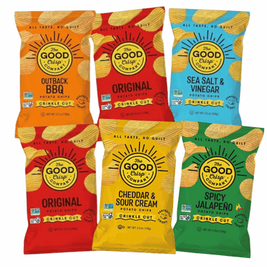 Assorted packages of The Good Crisp Company potato chips on a blue background
